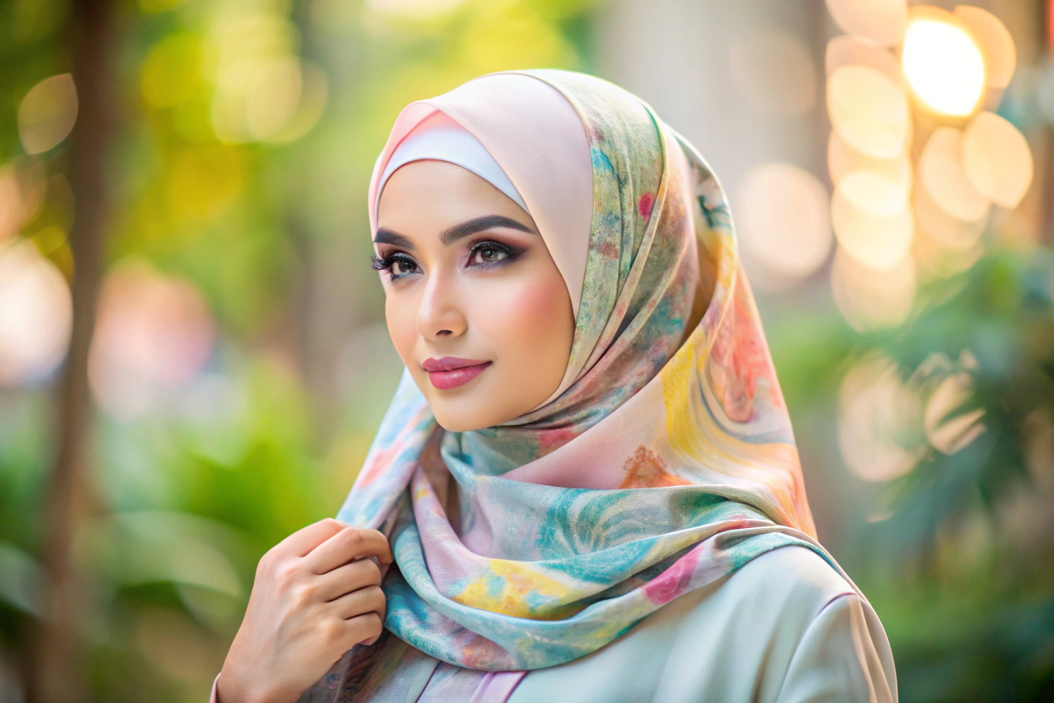 A woman wearing a stylish pastel-colored hijab with abstract patterns, set against a soft, blurred background to emphasize the fabric texture and colors