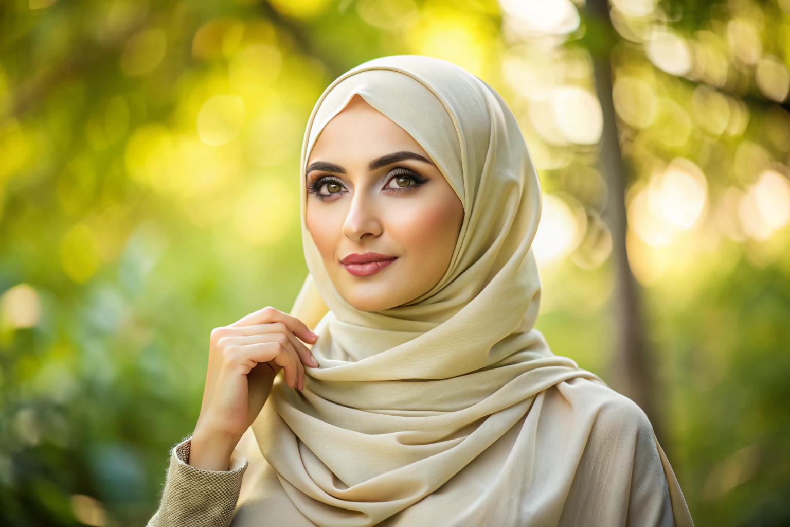 Eine Frau mit einem weichen, cremefarbenen Hijab, der locker um Kopf und Schultern drapiert ist, in einer natürlichen Umgebung mit unscharfem Hintergrund, um Fokus auf die Textur und Eleganz zu legen