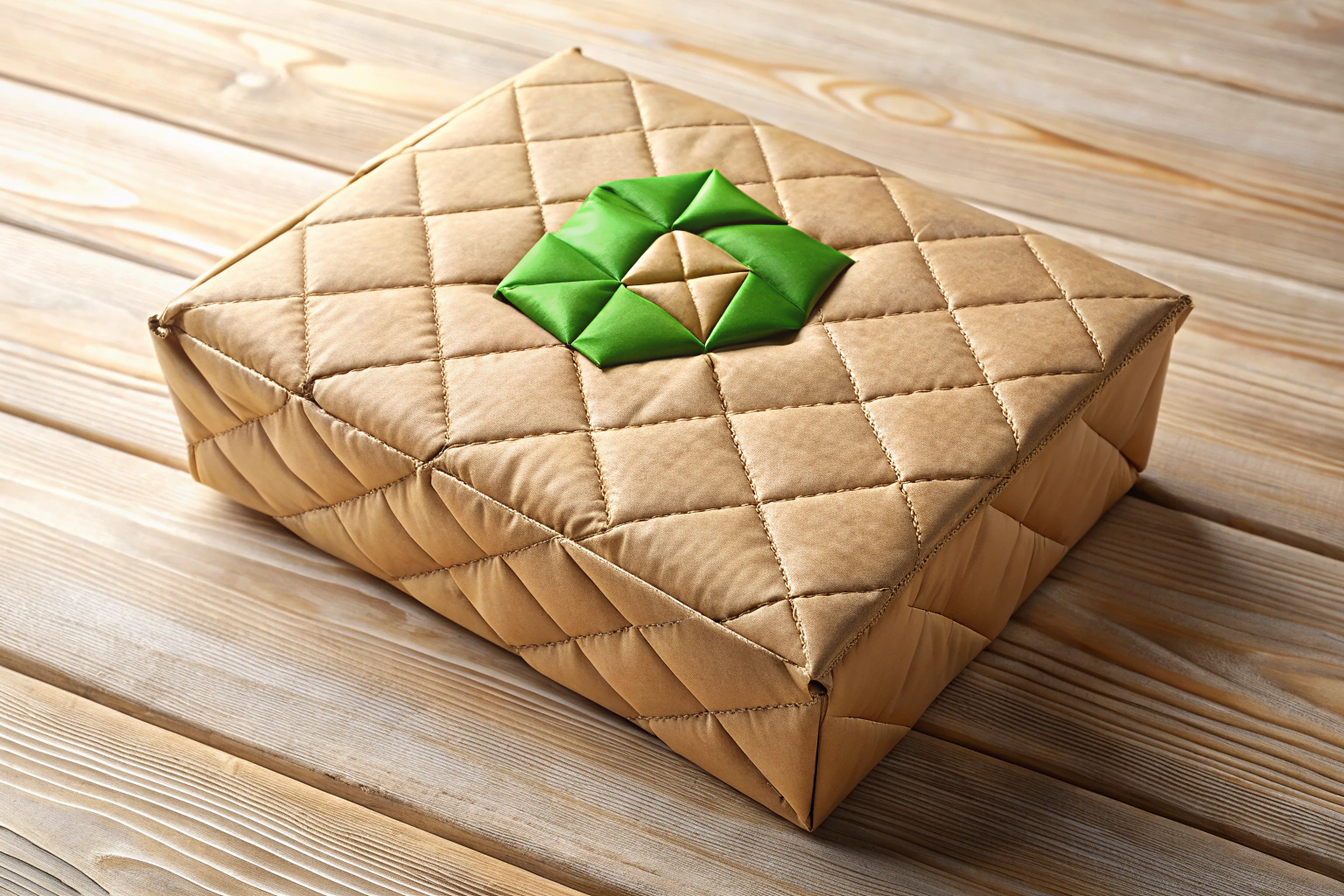 Eine stabile, braune Kartonschachtel, umhüllt von umweltfreundlichem Polstermaterial, auf einem hellen Holztisch liegend, um sicheren Versand zu symbolisieren