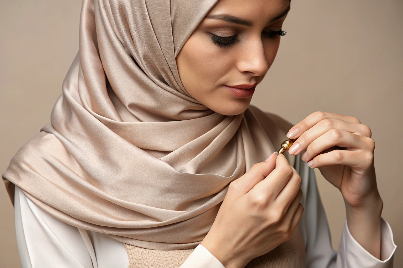 Eine Nahaufnahme von Händen, die ein helles, fließendes Hijab-Tuch im türkischen Stil binden, mit sanften Falten und einer Nadel, die den Stoff sichert, vor einem neutralen Hintergrund