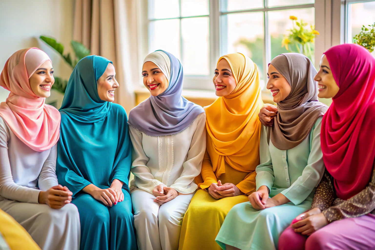 Eine harmonische Szene mit mehreren Frauen in eleganten, farbenfrohen Hijabs, die in einem hell erleuchteten Raum sitzen und freundschaftlich miteinander interagieren, um Gemeinschaft und Unterstützung zu symbolisieren