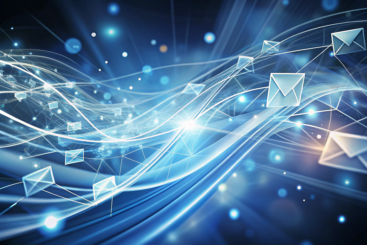 Abstract visualization of email communication with flowing lines and ethereal light effects in soft blues and whites, representing digital messages and connectivity